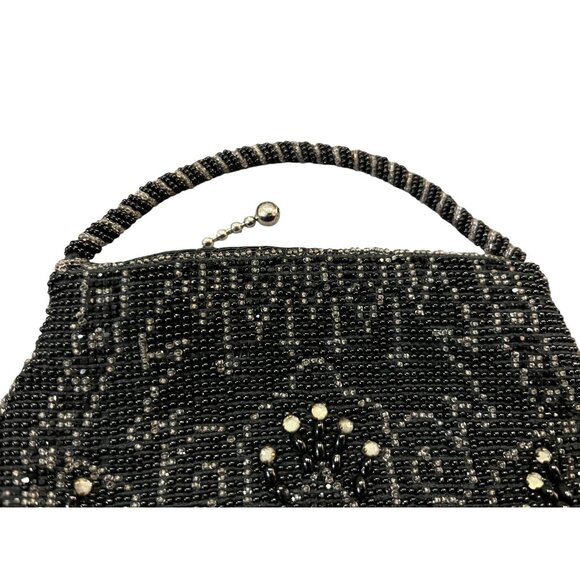 Vintage Black Beaded Evening Purse Tan/Silver Rhinestone Accents Tiny Used - Picture 3 of 12